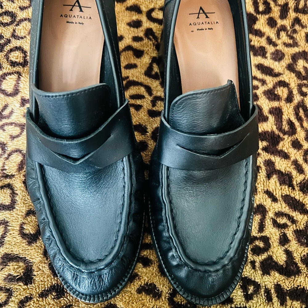 🇮🇹 Aquatalia Waterproof Black Heeled Penny Loafers